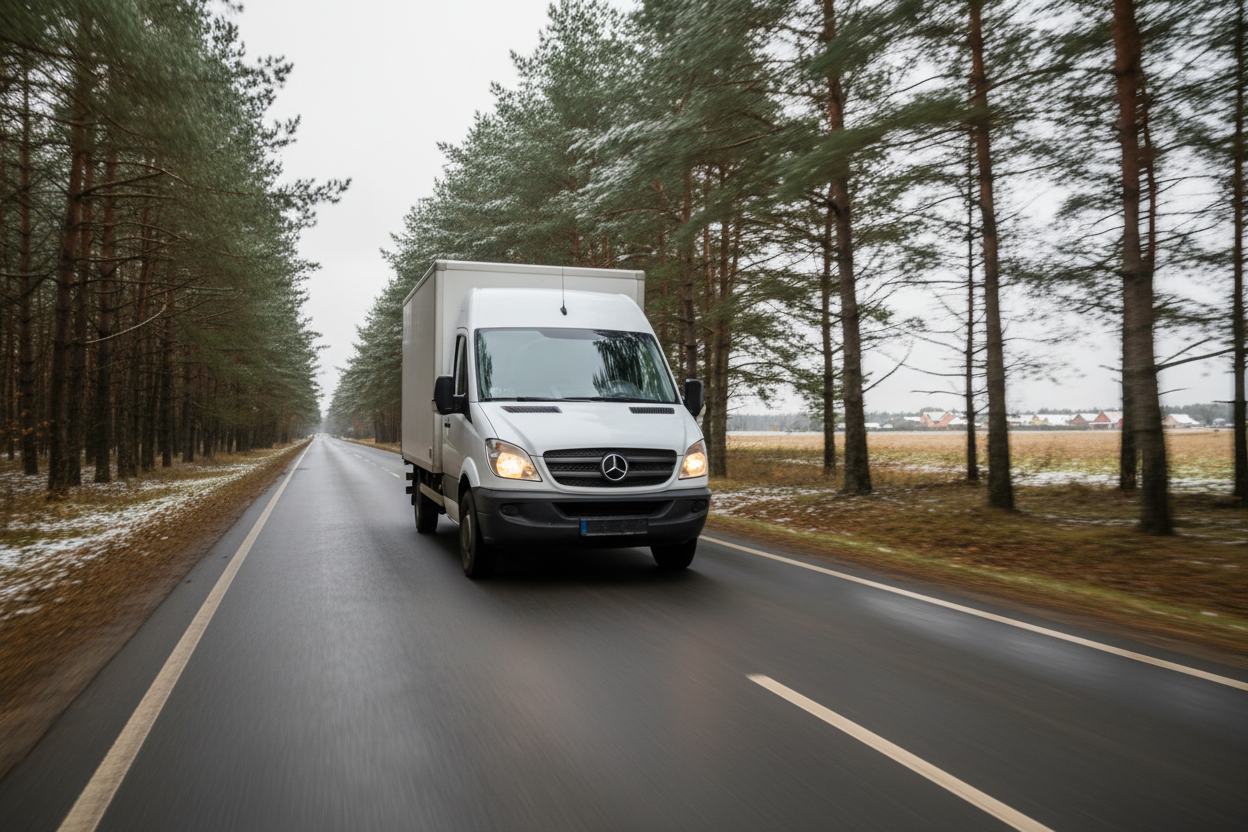 make it more photo realistic, a van driving in lithuania to deliver products to client