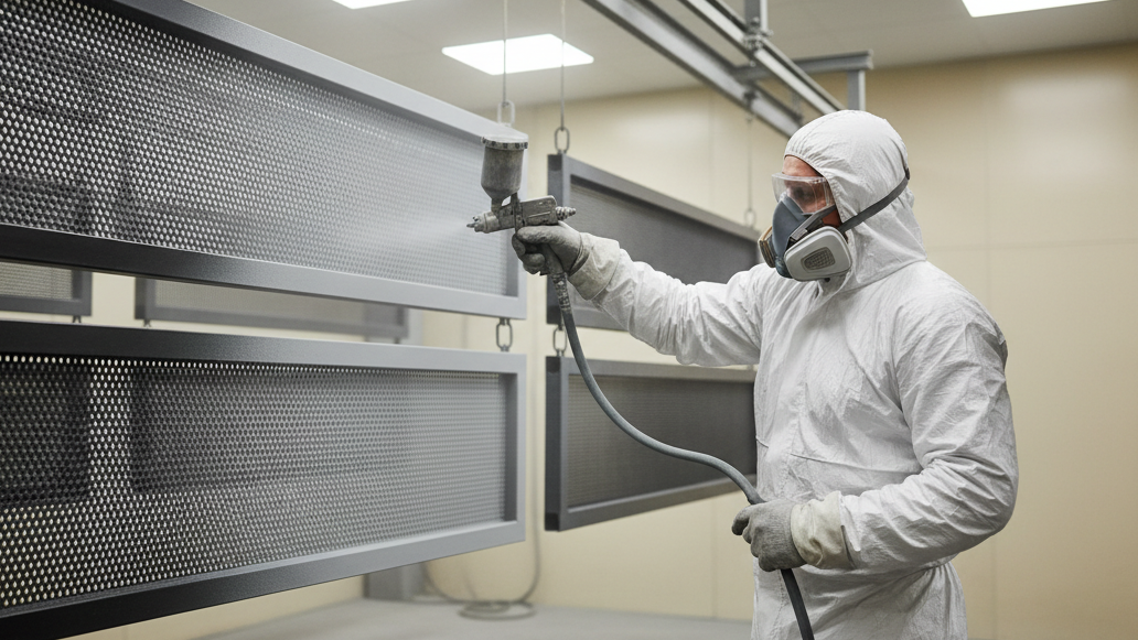 Professional industrial scene showing a worker performing powder coating on metal fencing: spraying fine grey coating on large metal panels indoors, protective gear worn, soft overhead lighting, crisp details, no logos, clean background, photorealistic quality.